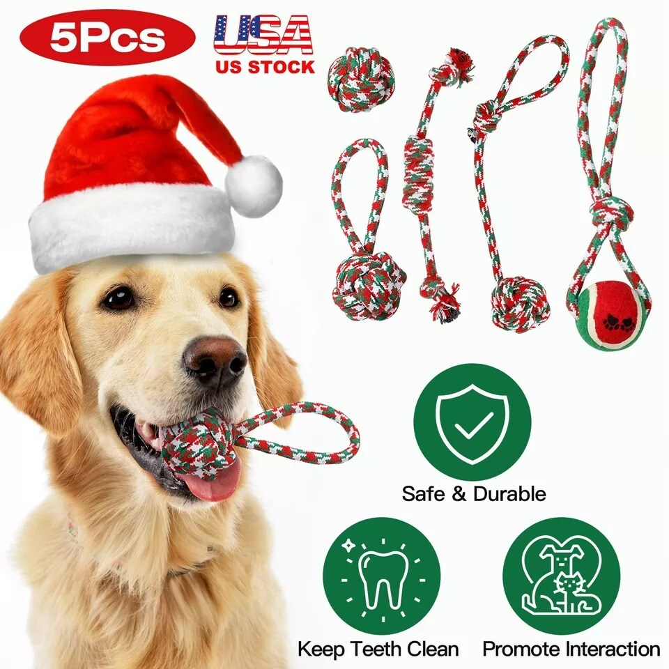 5pcs Pet Small Medium Large Dog Rope Chew Toys Set Ball Toy Christmas Gifts