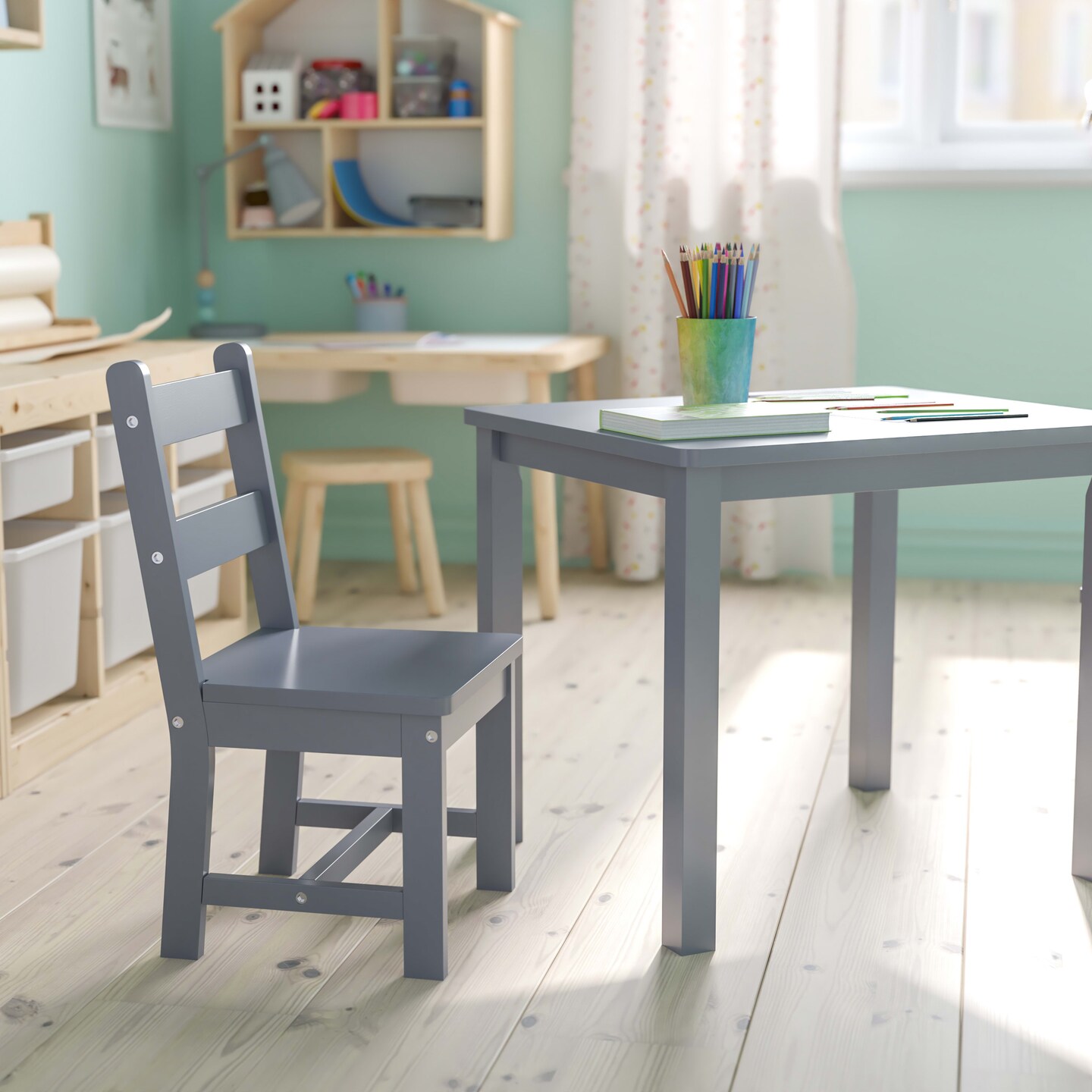 Emma and Oliver Kids 3 Piece Solid Hardwood Table and Chair Set for Playroom, Kitchen