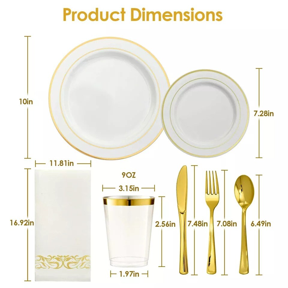 175 Piece Gold Plastic Disposable Plates Cup Dinnerware 25 Set for Wedding Party