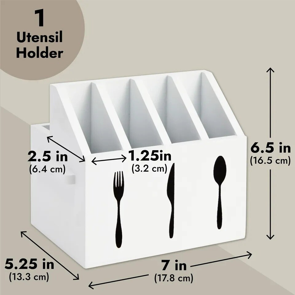 Wooden Utensil Holder for Countertop (7 x 5.25 x 6.5 Inches, White)