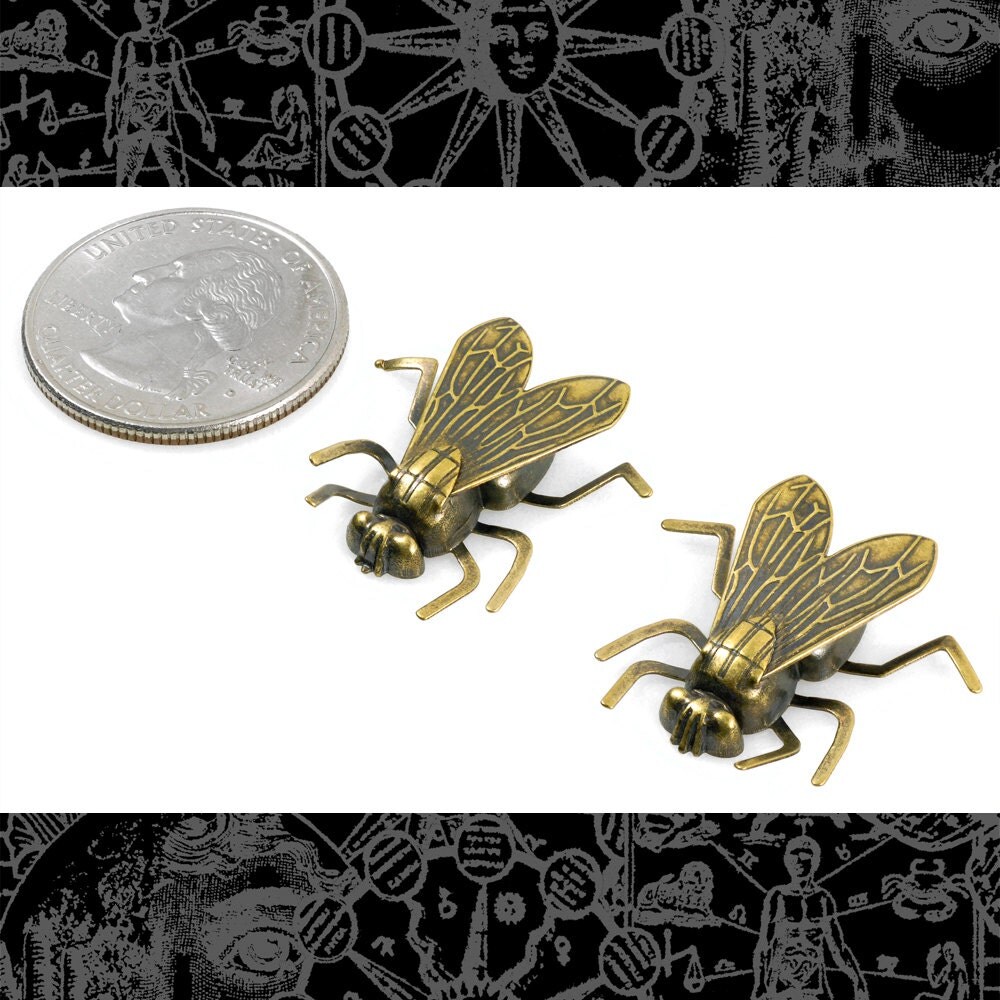 Antiqued Brass Life-Sized Fly Charms with Bendable Legs - Set of Two - XXX - AB-C130