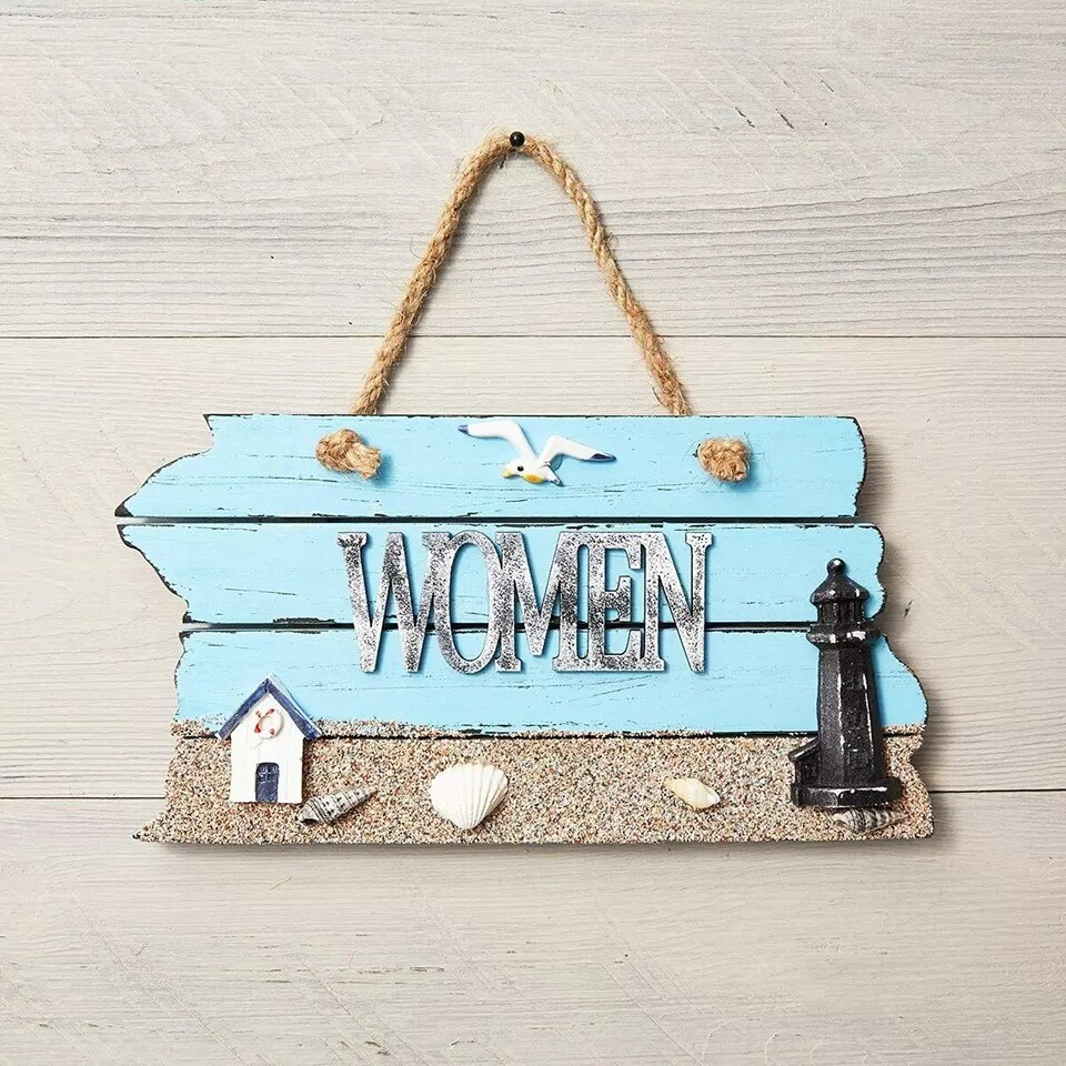 Wooden Bathroom Signs for Men and Women, Beach Decor (7.87 x 4.7 in, 2 Pack)