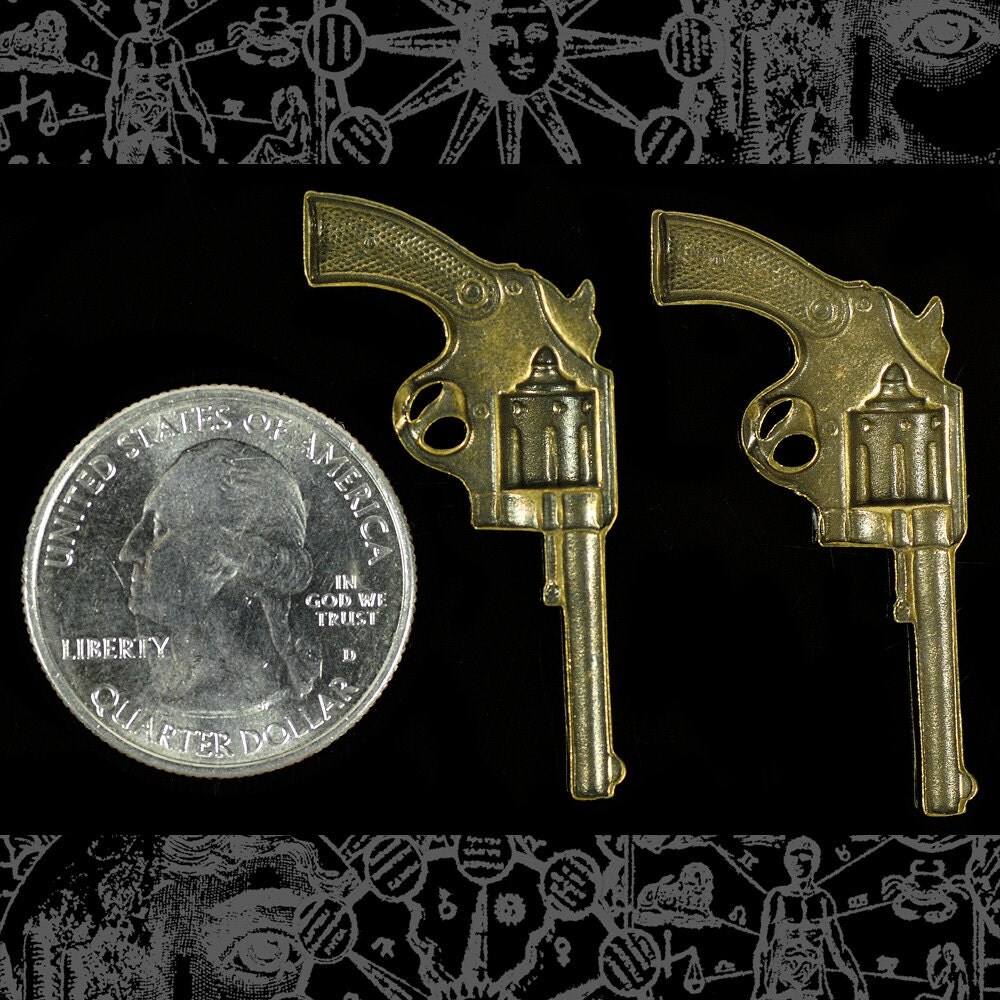 Antiqued Brass Medium Sized Western Gun Pendants - Set of Two - AB-P76