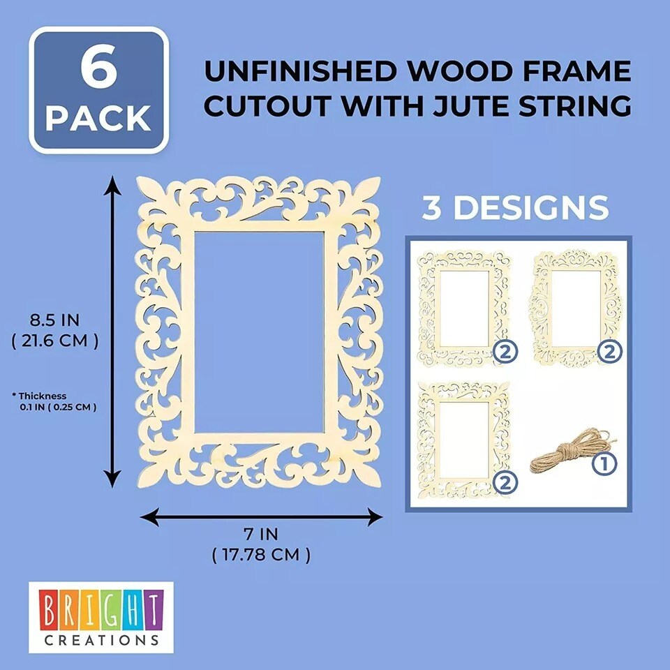 6 Pack Unfinished Wood Frames Cutout with Jute String for DIY Craft Decor 7x8.5&#x22;