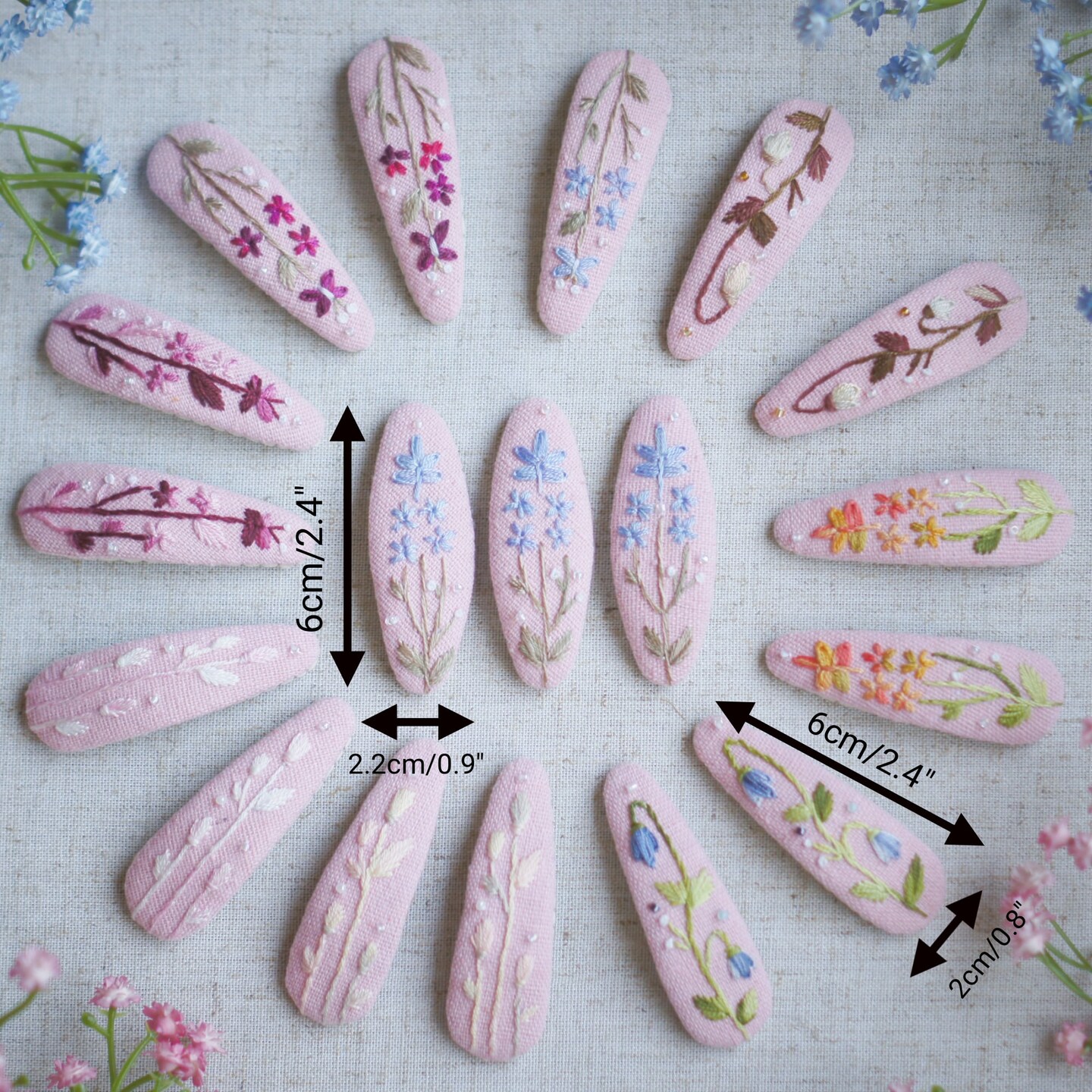 Pink Linen Hair Clips with Delicate Floral Embroidery, Hand  display picture 1