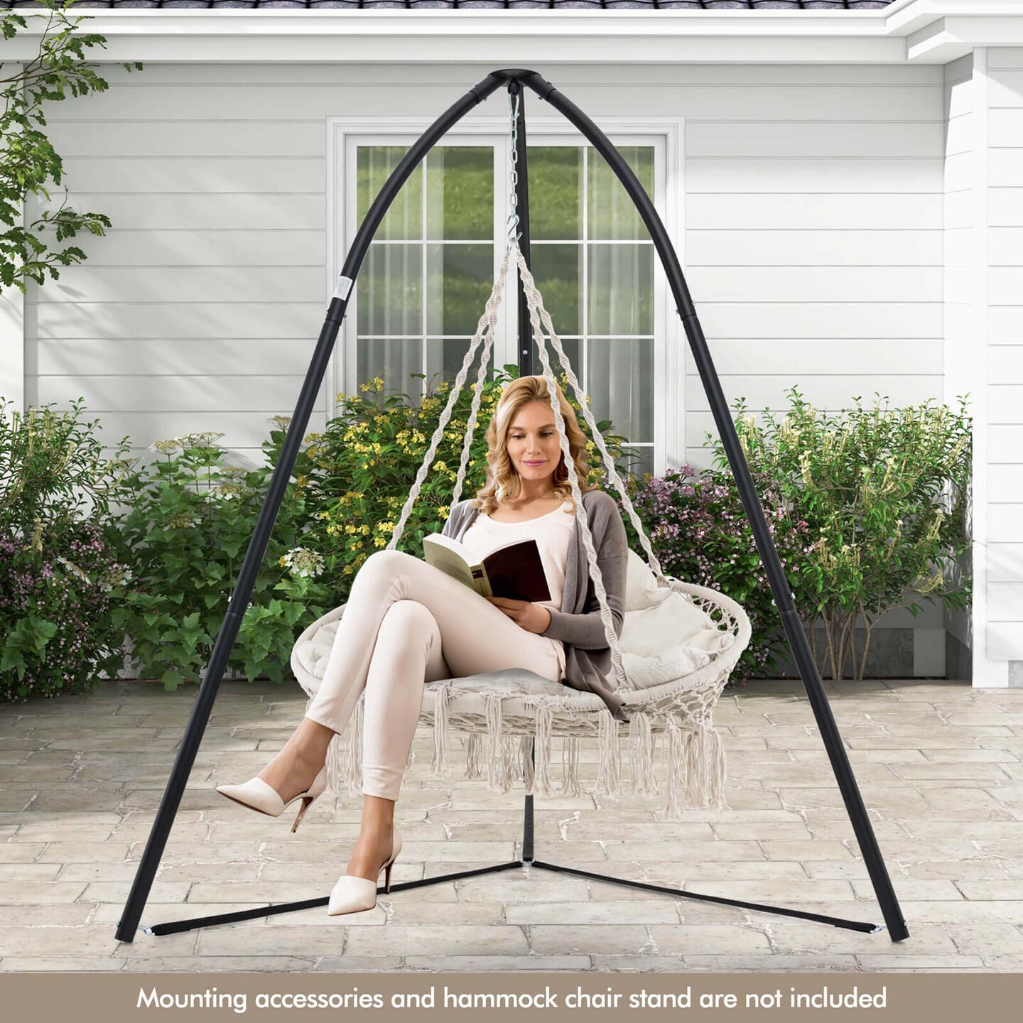 Costway Swing Chair Hand-Woven Rope Hanging Chair with Thick Cushion & Folding Metal Frame