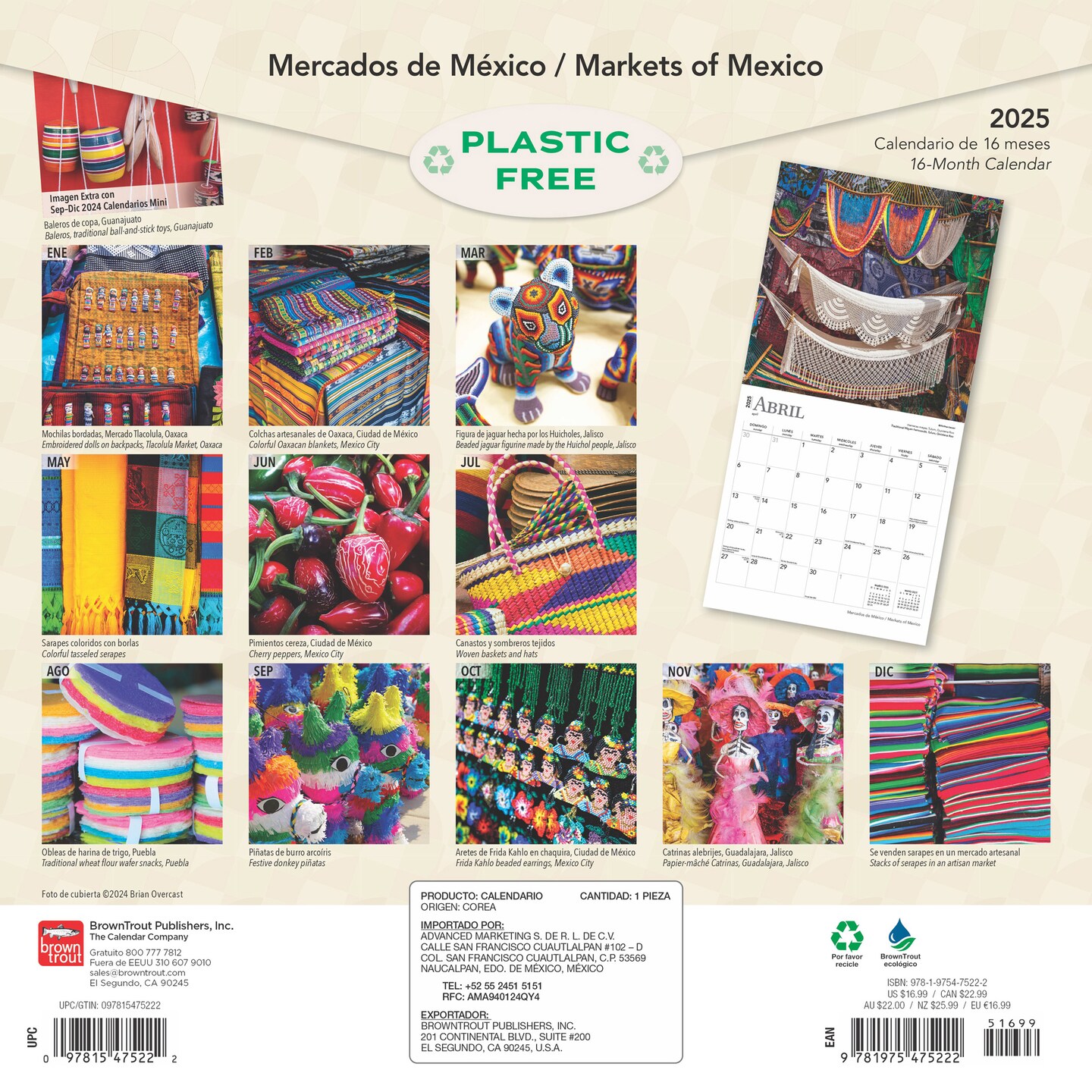Mercados de Mexico | Markets of Mexico | 2025 12 x 24 Inch Monthly Square Wall Calendar | English/Spanish Bilingual | Plastic-Free | BrownTrout | Clothes Toys Food Shopping