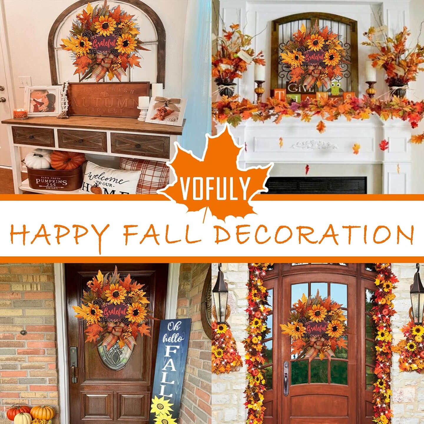 20 inch Autumn Sunflower Wreath, Harvest Decor for Farmhouse Outdoor Porch,Thanksgiving Wall Decorations for Home,Fall Indoor Decor with Fall Leaf,Sunflower