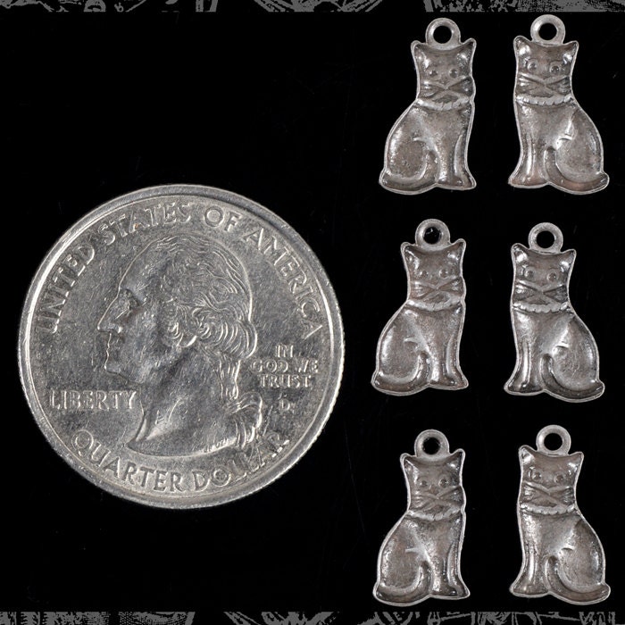 Antiqued Silver Plated Brass Mini Sitting Cat Charms - Three Sets of Two Facing Each Other - S-C121