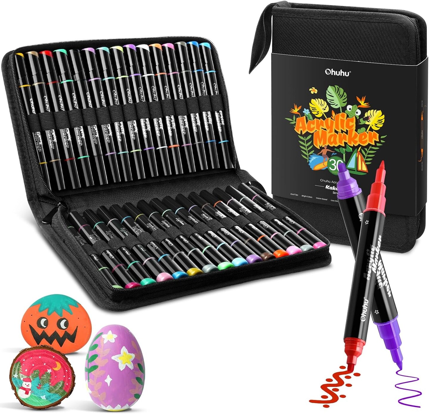 Ohuhu 30 Colors Acrylic Paint Pens : Dual Tips (Round &#x26; Fine) Acrylic Markers High Opacity Paint Markers Waterproof Lightfast for Rock Painting Easter Eggs Wood Glass Ceramic Canvas