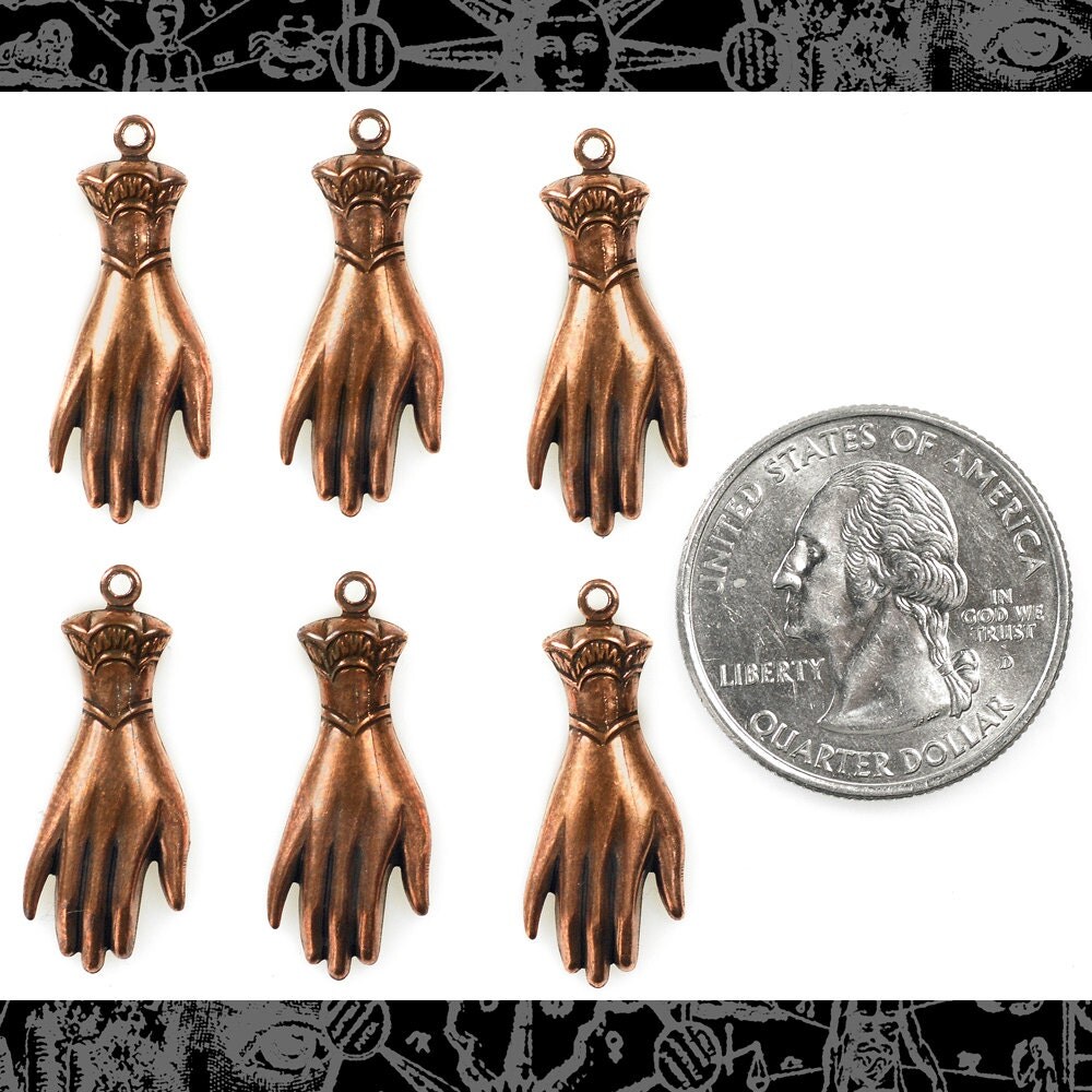 Antiqued Copper Plated Brass Hand Charms with Ring on Wrist - Set of Six - C-C157