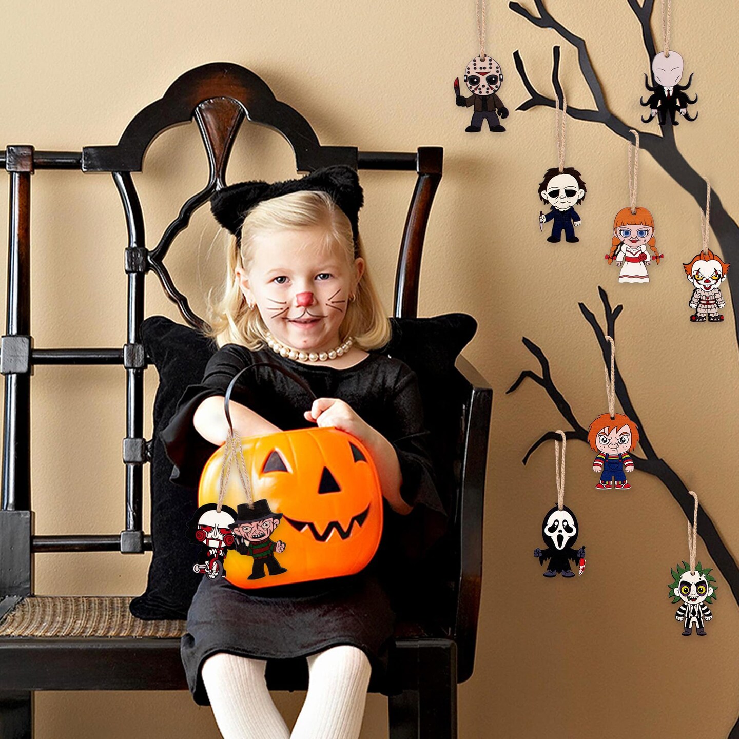10 Pieces  Halloween Ornaments for Tree - Wooden Hanging Horror Movie Characters for Halloween Trees - Scary Halloween Party Decorations