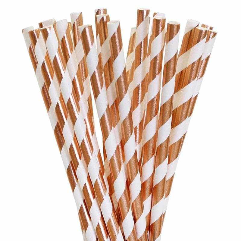 Metallic Rose Gold &#x26; White Striped Cake Pop Party Straws