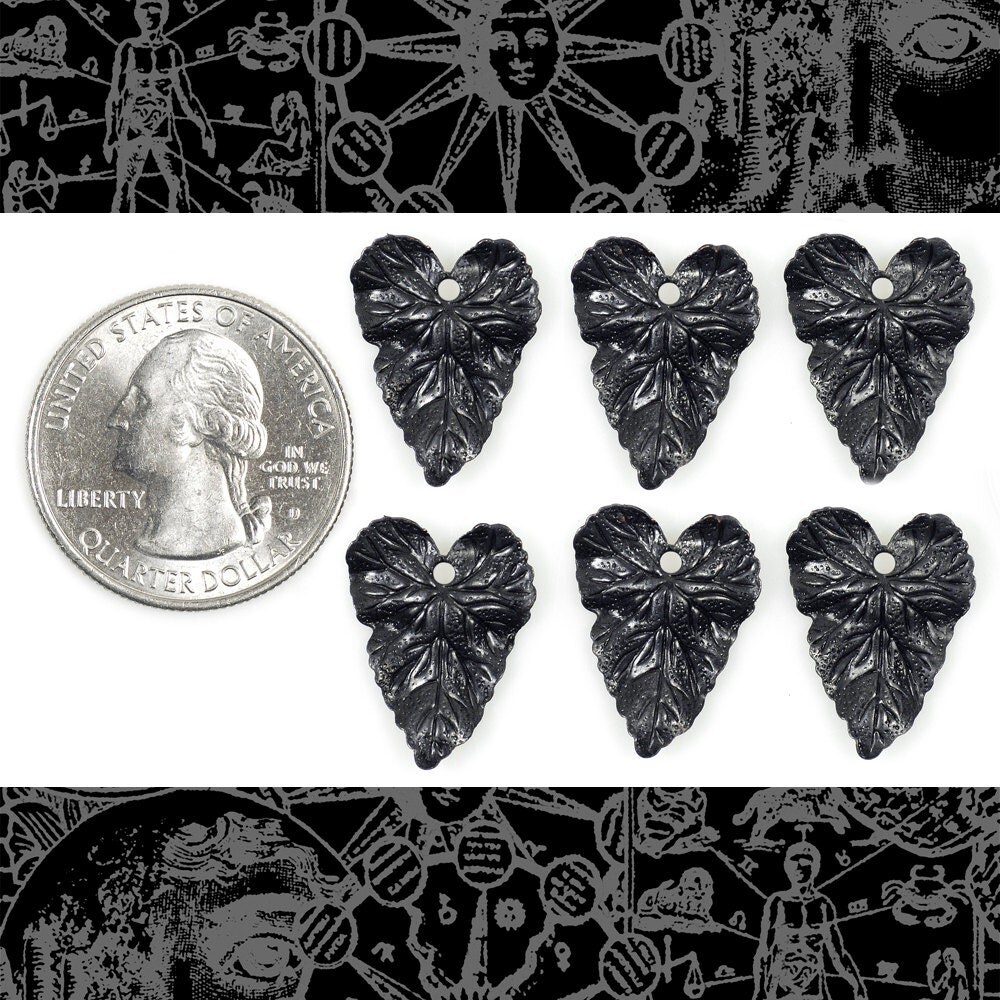 Black Plated Brass Heart Shaped Leaf Charms - Set of Six- BB-C49