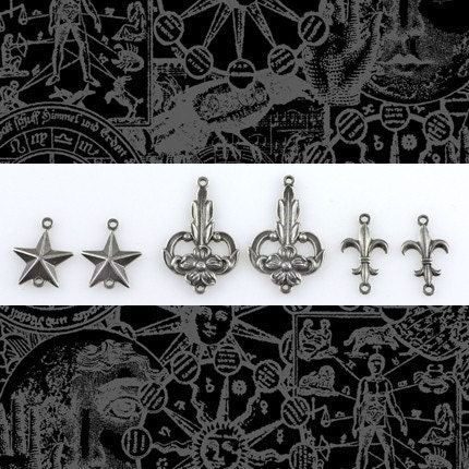 Antiqued Silver Plated Brass Connectors Set of Six Different - Star - Floral - Filigree - Fleur de Lis - XXX - S-2CSet02