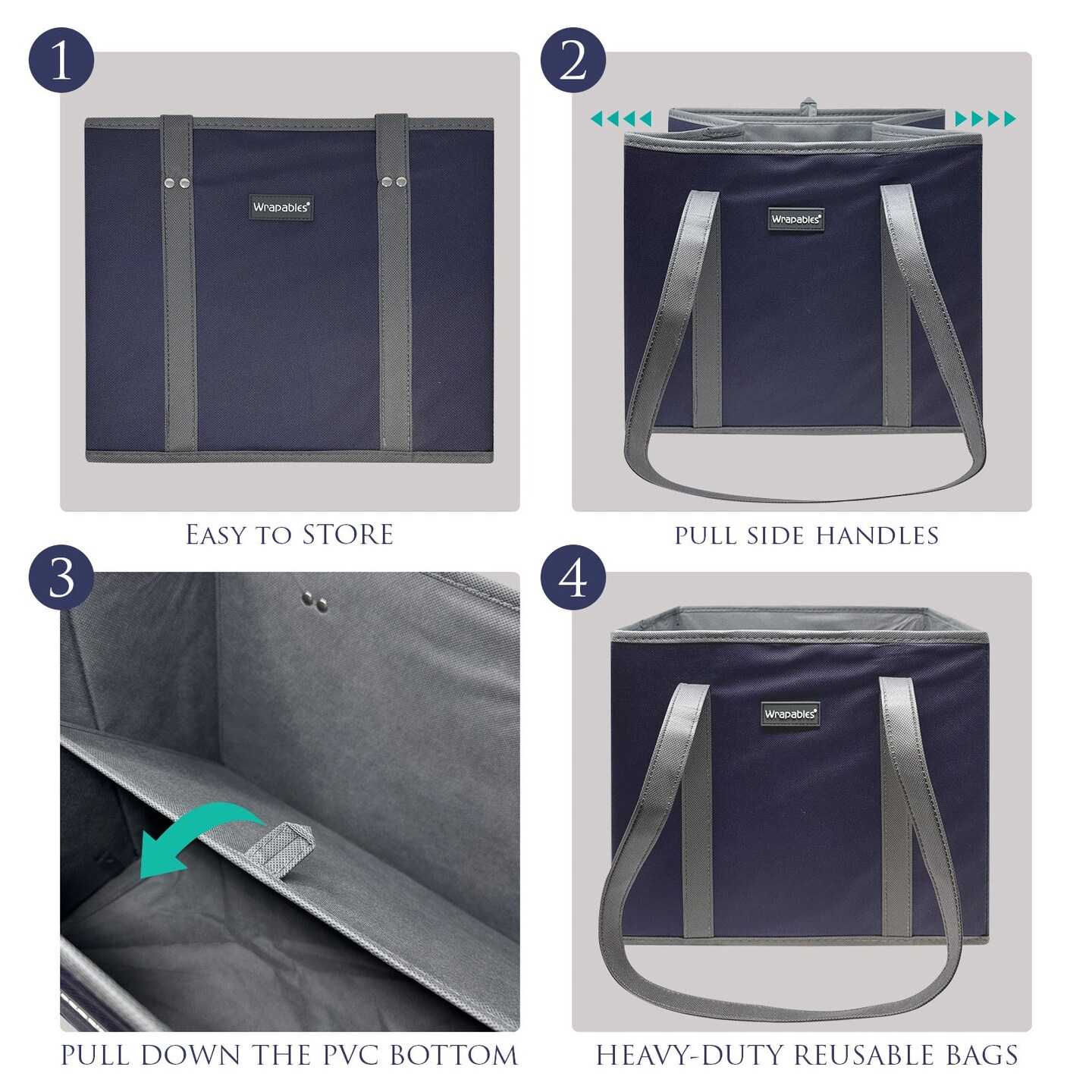 Wrapables 3Pk Reusable Grocery Bags, Heavy Duty Large Foldable Storage Shopping Totes with Reinforced Handles, Navy