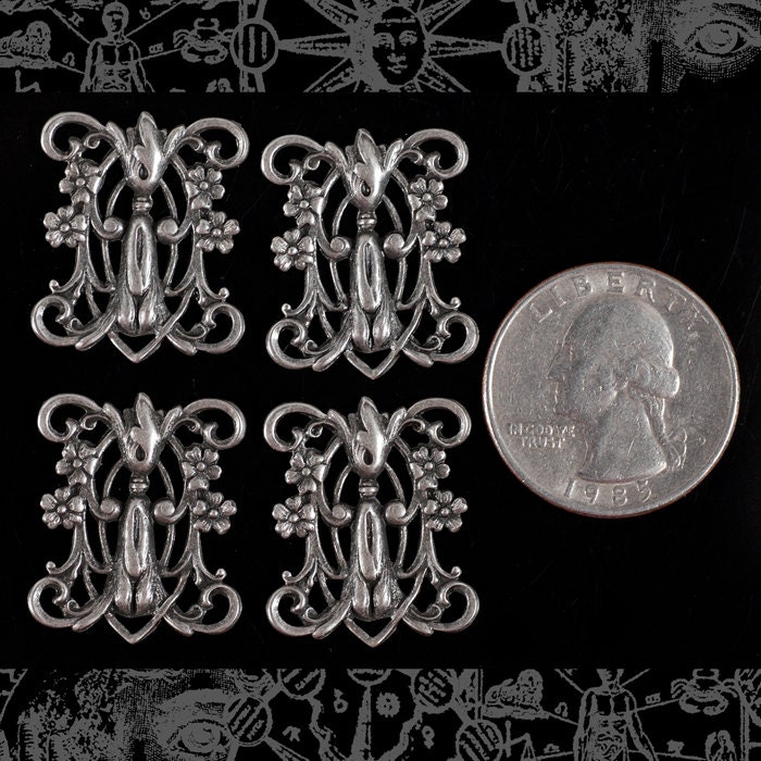Antiqued Silver Plated Brass Decorative Filigree 4X Connectors - Set of Four - S-4C07