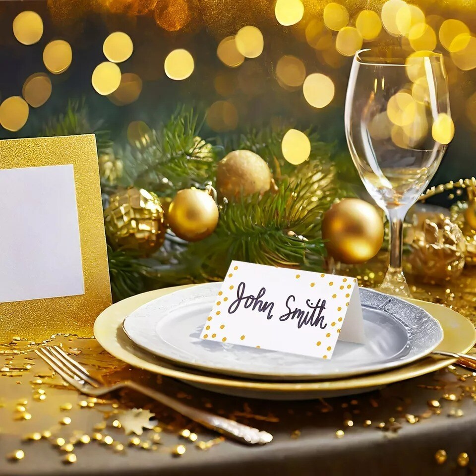 100 Pack Wedding Name Place Cards for Table, Gold Polka Dot Cards, 2x3.5 In