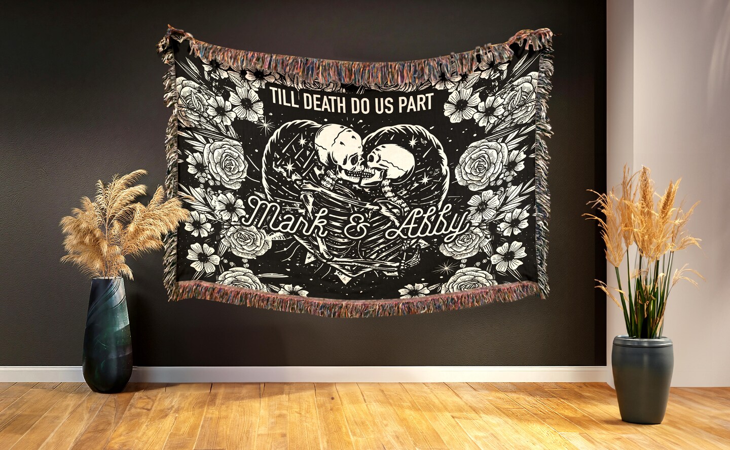 Till death do us part custom woven blankets Halloween wedding gift for couple boho gothic occult decor spooky lovers sold gift wall tapestry