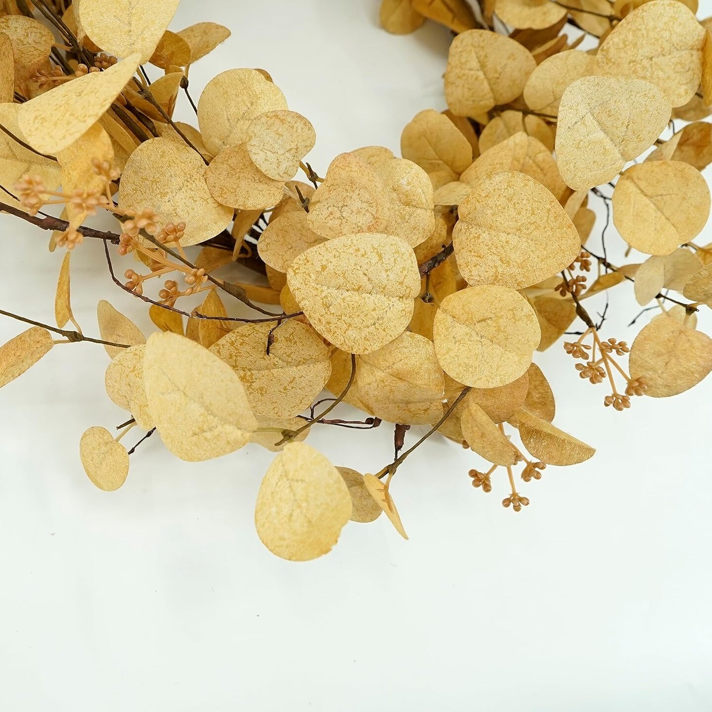 Artificial Fall Eucalyptus Wreath for Front Door with Beige Eucalyptus Leaves,Dry Vine Branches