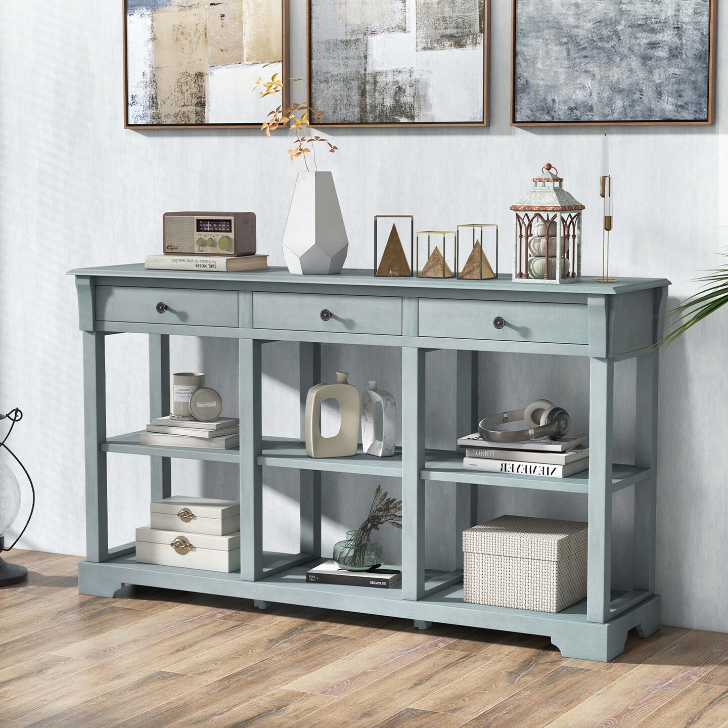 Costway 58&#x27;&#x27; Long Sofa Table with Storage Retro Console Table with 3 Drawers &#x26; Open Shelves Blue/White