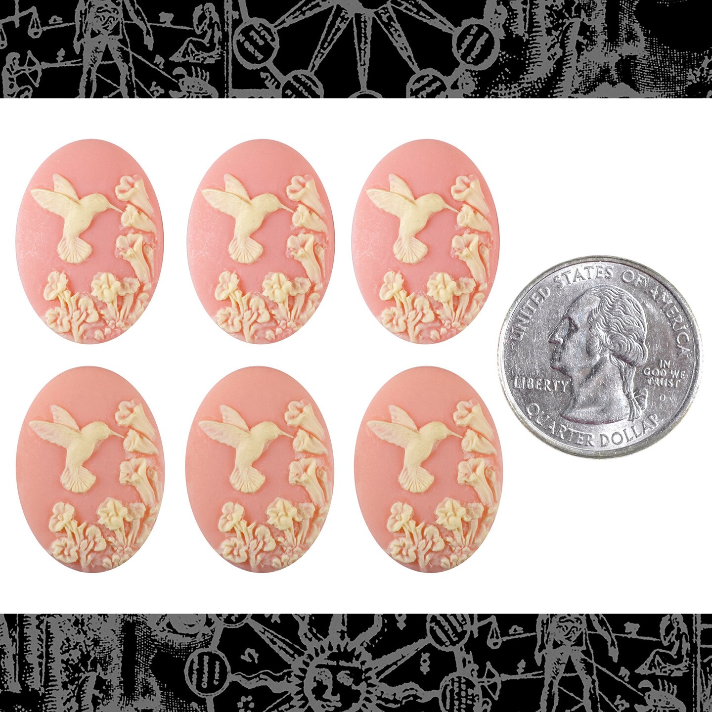 Pink and Cream Hummingbird Cameos - 25mm x 18mm - Set of Six - XXX - CAM183