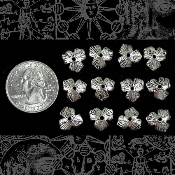 Floral Silver Finish 10mm Three Leaf Bead Caps - Set of Twenty-Four - ZS-BC01