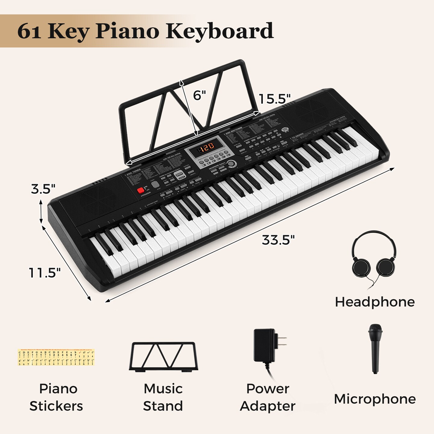 Beginner 61-Key Electric Piano Keyboard Kit with 200 Rhythms and Tones