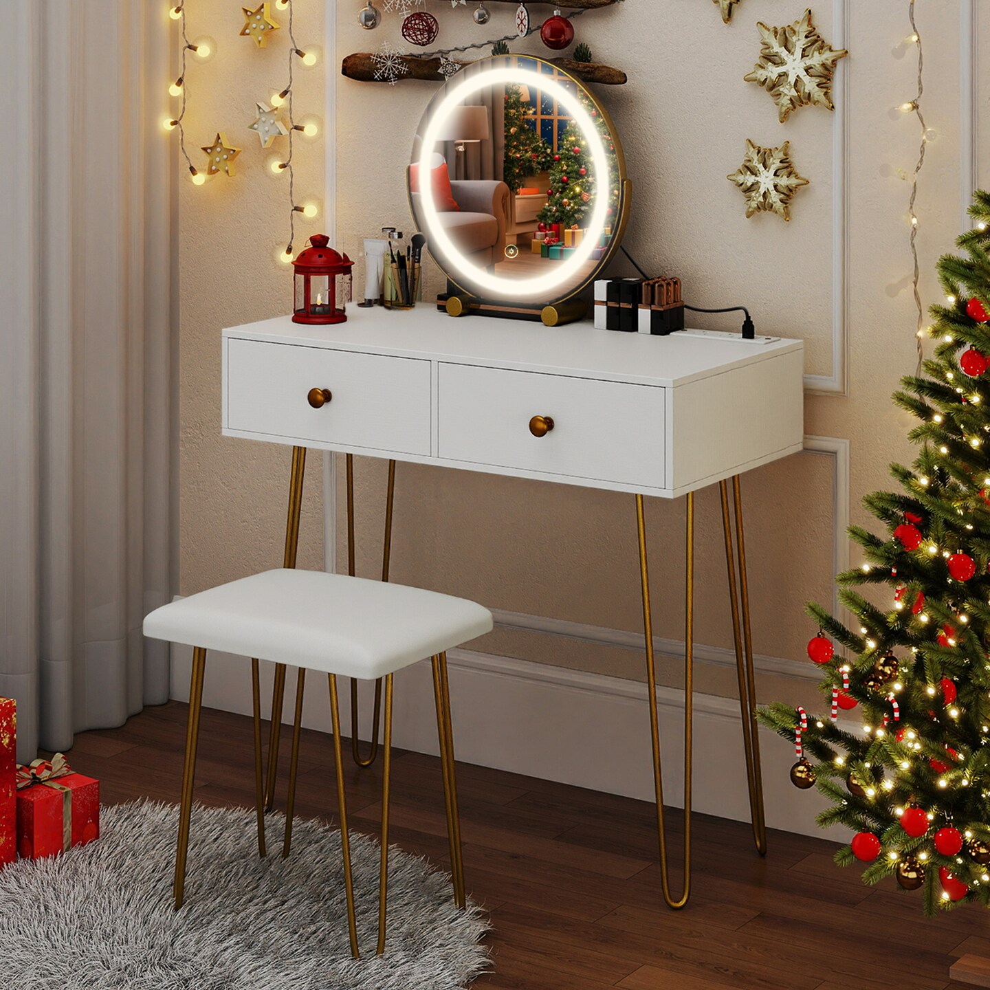White Vanity Desk with Lighted Adjustable Mirror and Storage for Bedroom