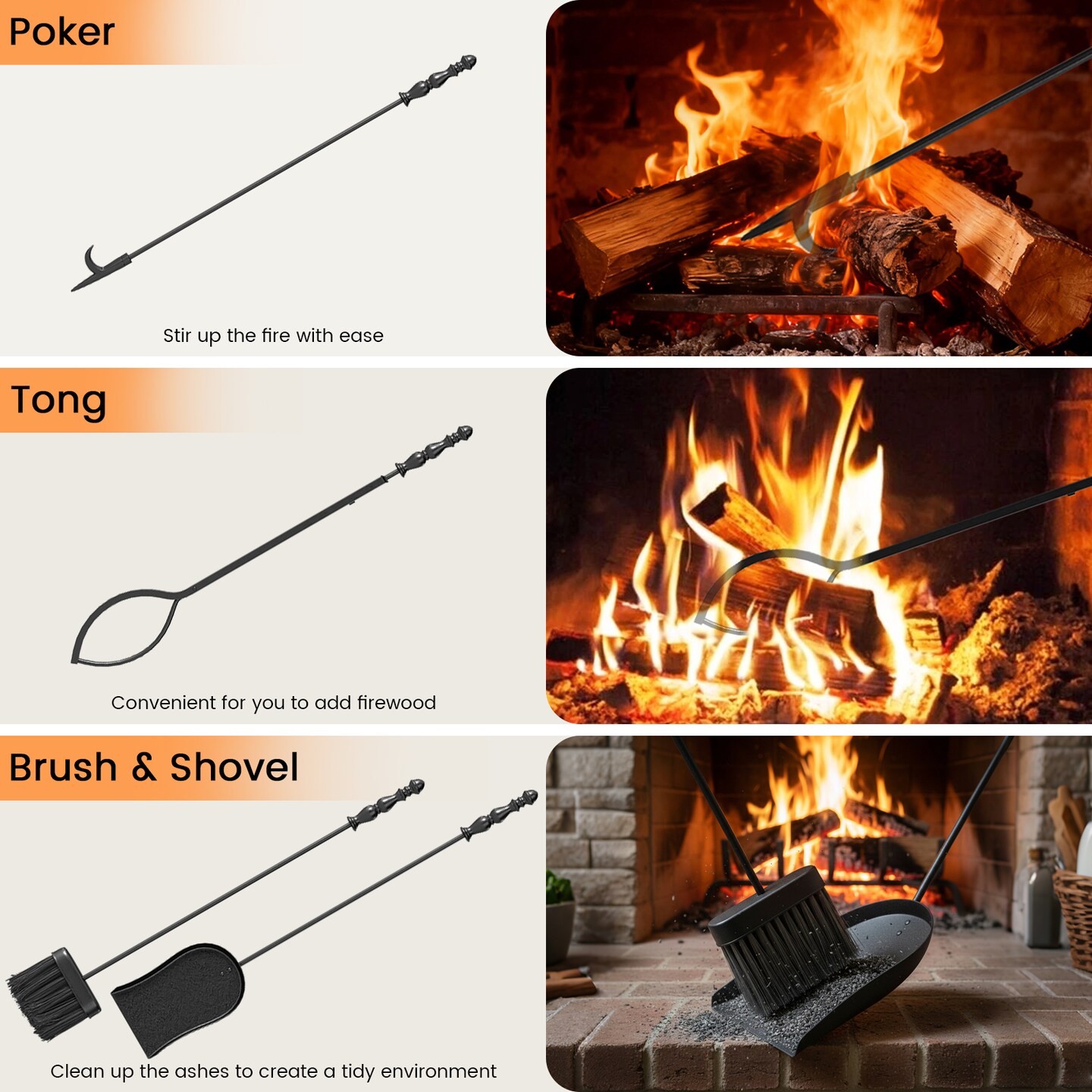 5-Piece Fireplace Tool Set with Poker, Tongs, Brush, Shovel & Round Stand