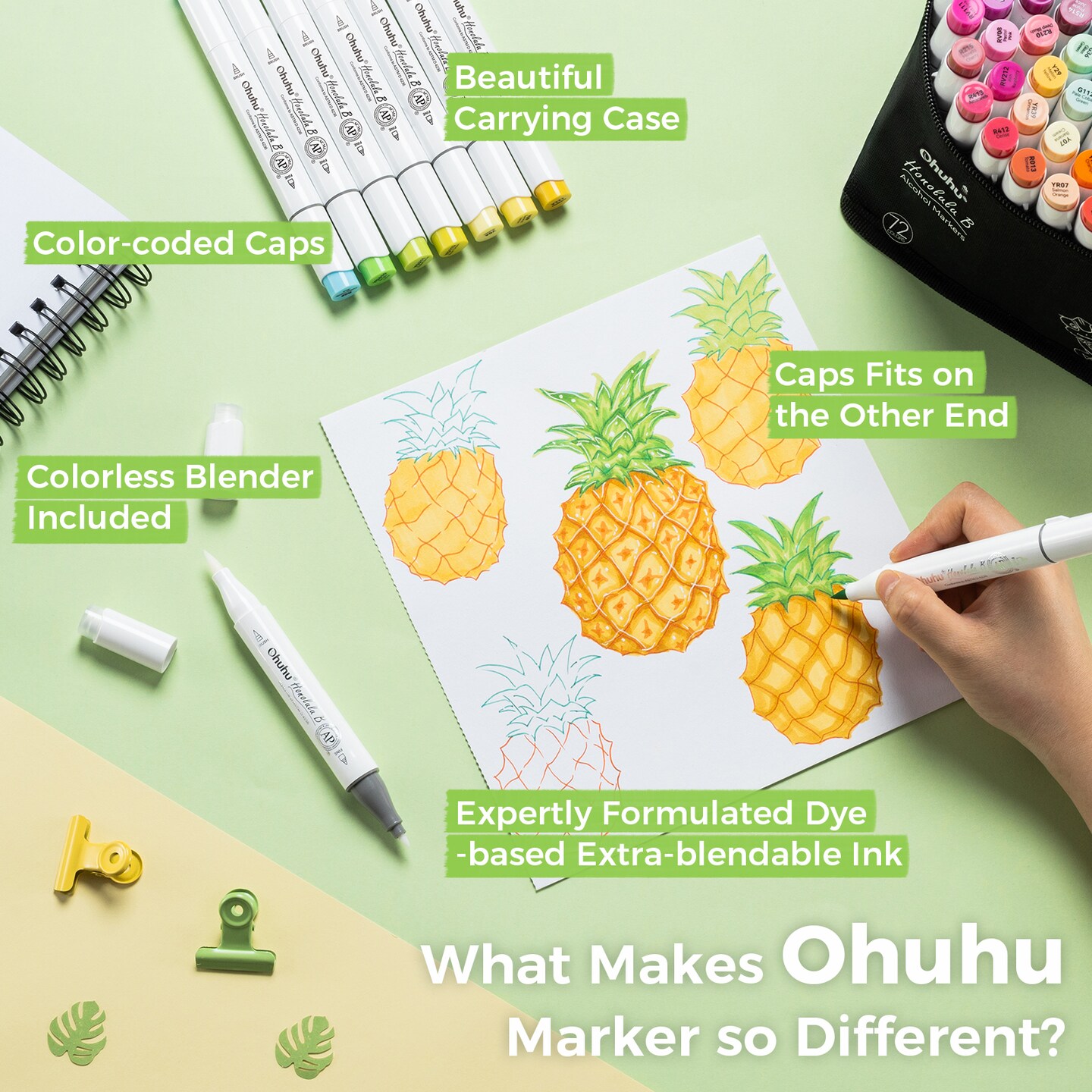 Ohuhu Alcohol Markers Brush Tip - AP Certificated Double Tipped Art Marker Set for Artist Adults Coloring Illustration- 72 Colors - Refillable - Fine and Brush Dual Tips - Honolulu B of Ohuhu Markers