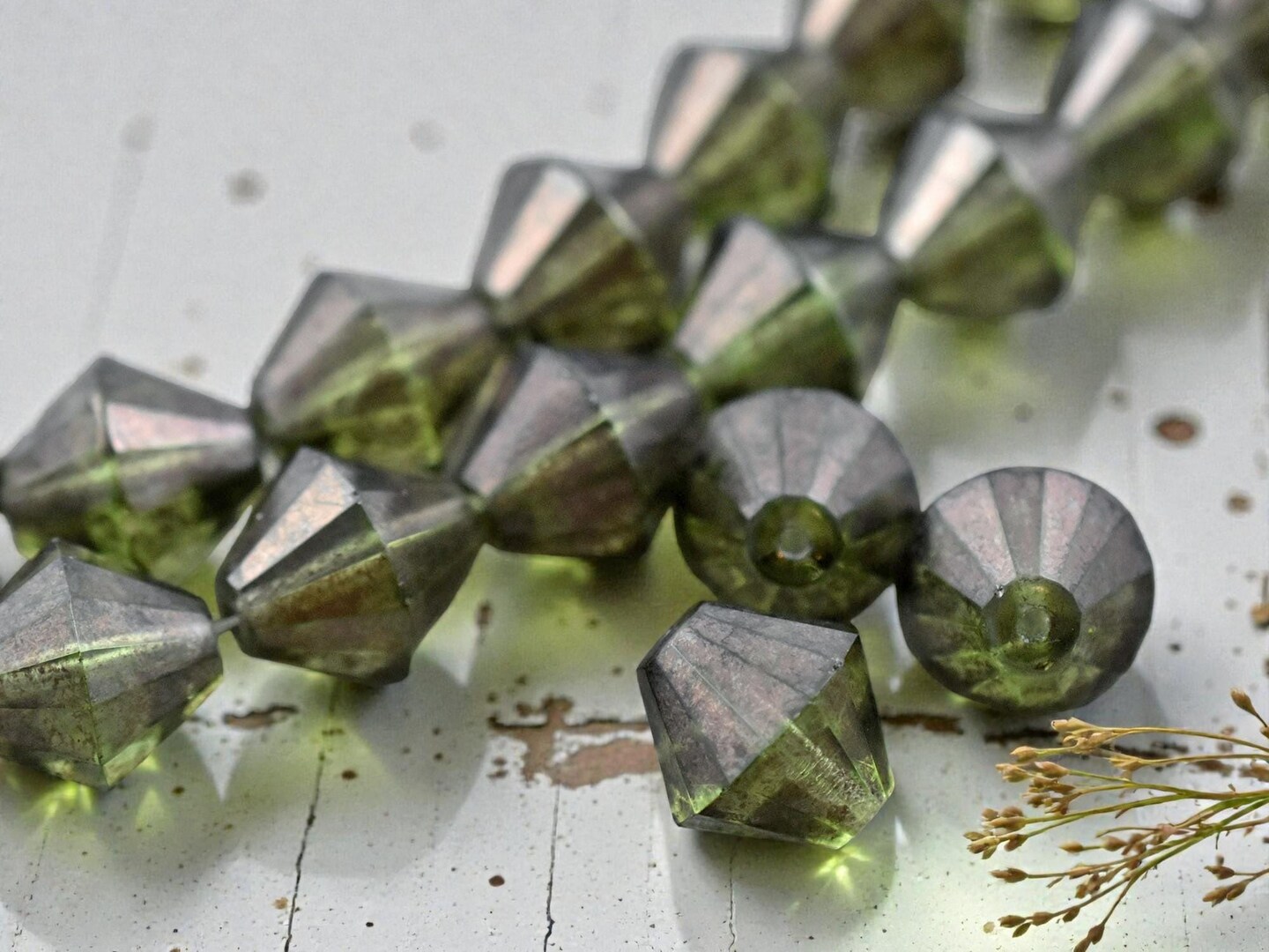 *2* 15mm Bronze Washed Olive Green Picasso Faceted Bicone Beads