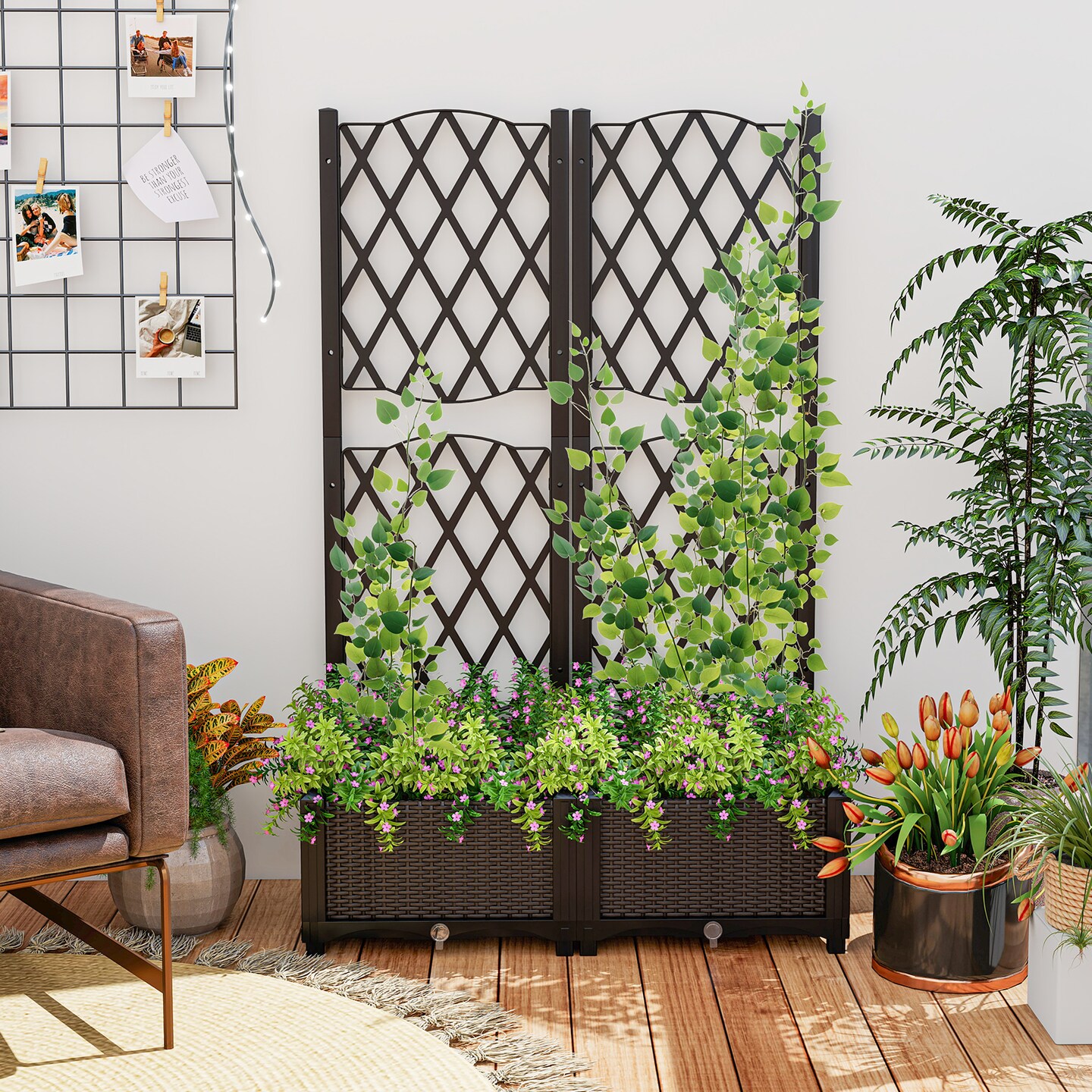 Set of 2 Raised Garden Beds PE Rattan with Trellis for Plants