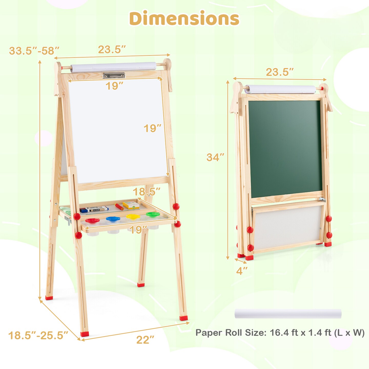 Natural Pine Wood Kids Art Easel 3 In 1 Magnetic Whiteboard Chalkboard Adjustable Height Foldable With Accessories Set For Kids 3–14