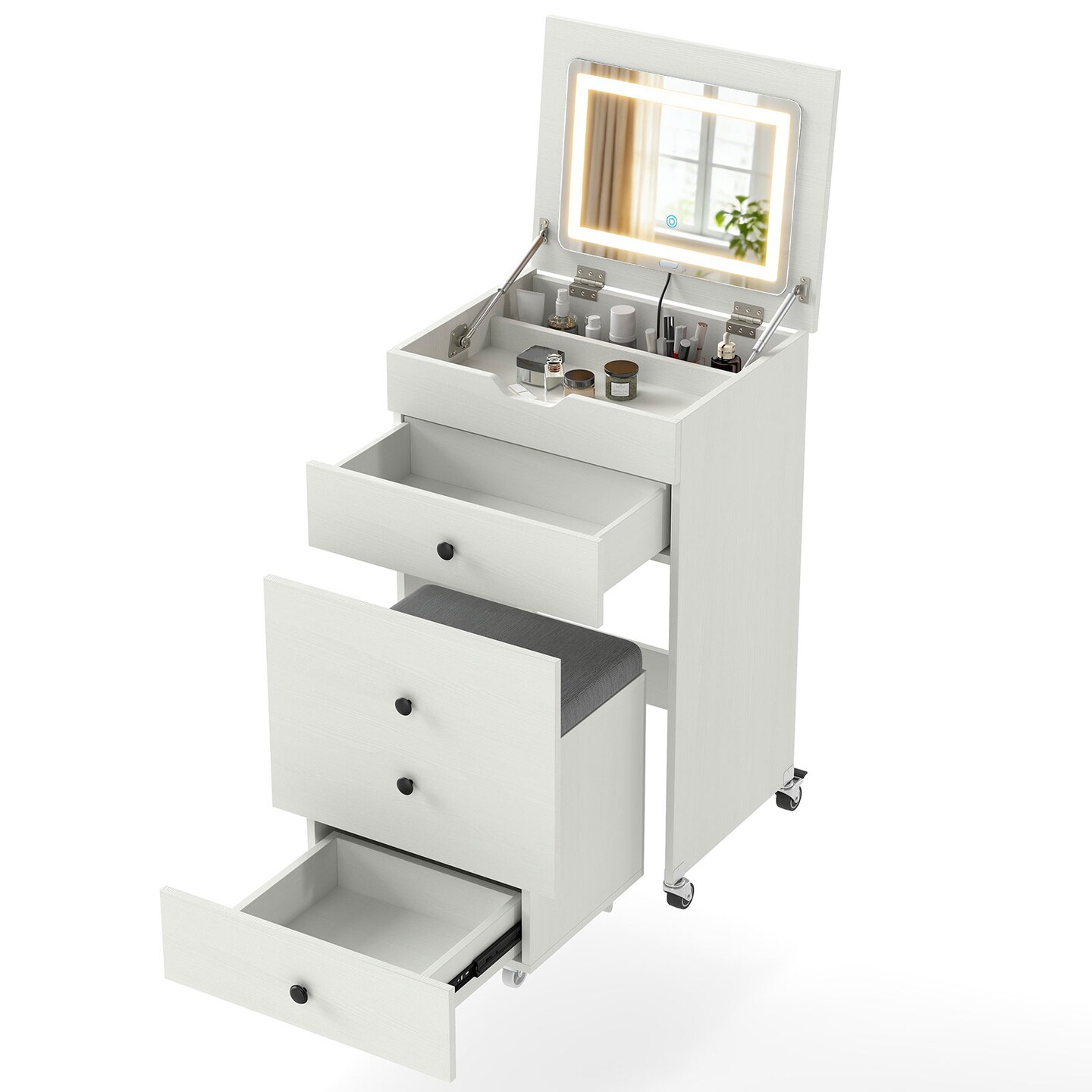 3-in-1 Small Vanity Desk Set with Flip-Top Mirror, Lights, Drawers and Stool