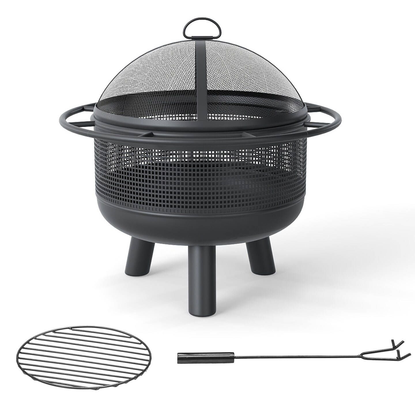 Black Wood Burning Fire Pit with Log Grate and Mesh Screen for Outdoor Use 24