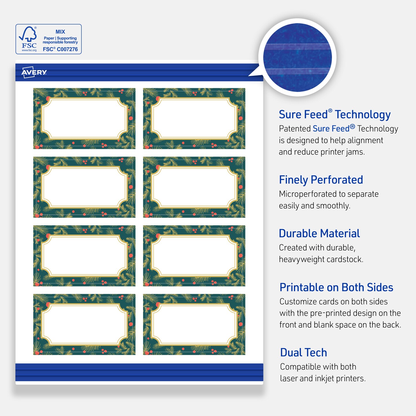 Avery Printable Rectangle Business Cards, 2" x 3.5", Matte White, Pre-printed Teal & Metallic Gold Frame Design, Sure Feed Technology, Laser & Inkjet Compatible, 160 Total