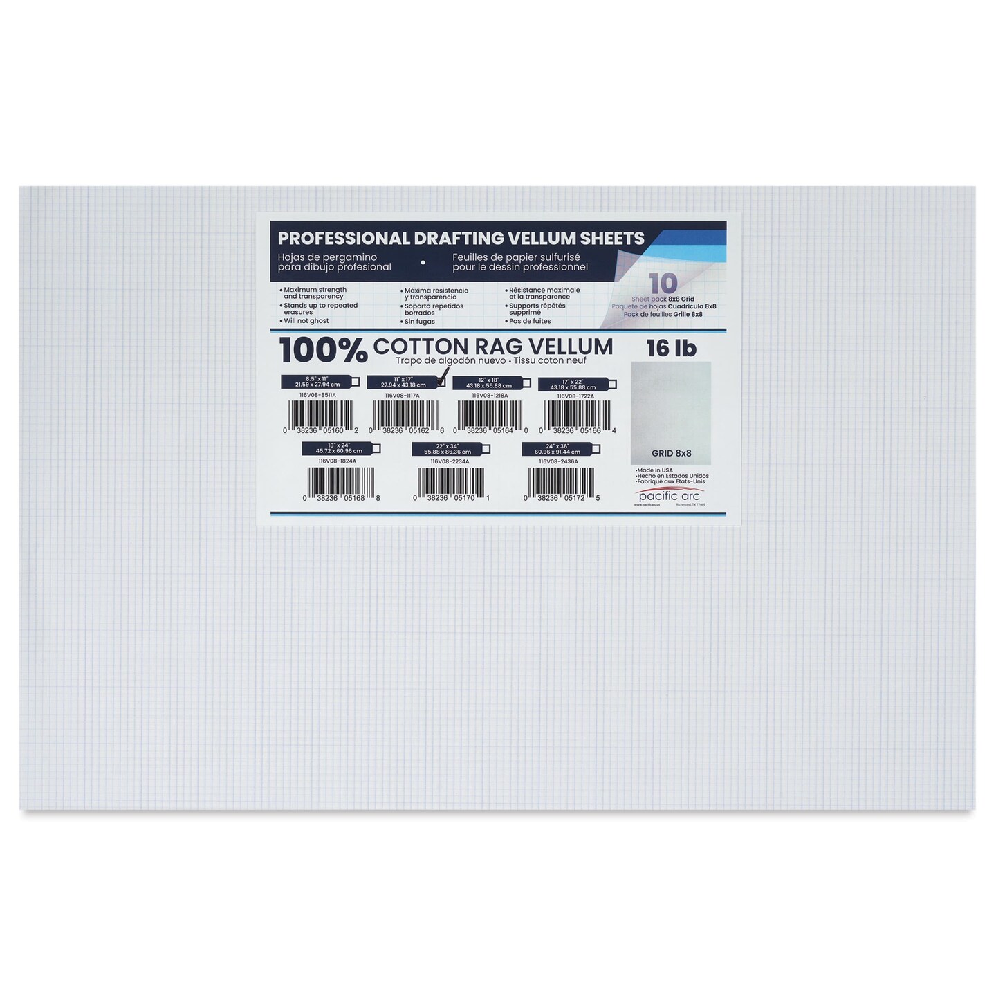 Pacific Arc Gridded Drafting Vellum Pack - 8 x 8 Grid, 11" x 17". Pkg of 10