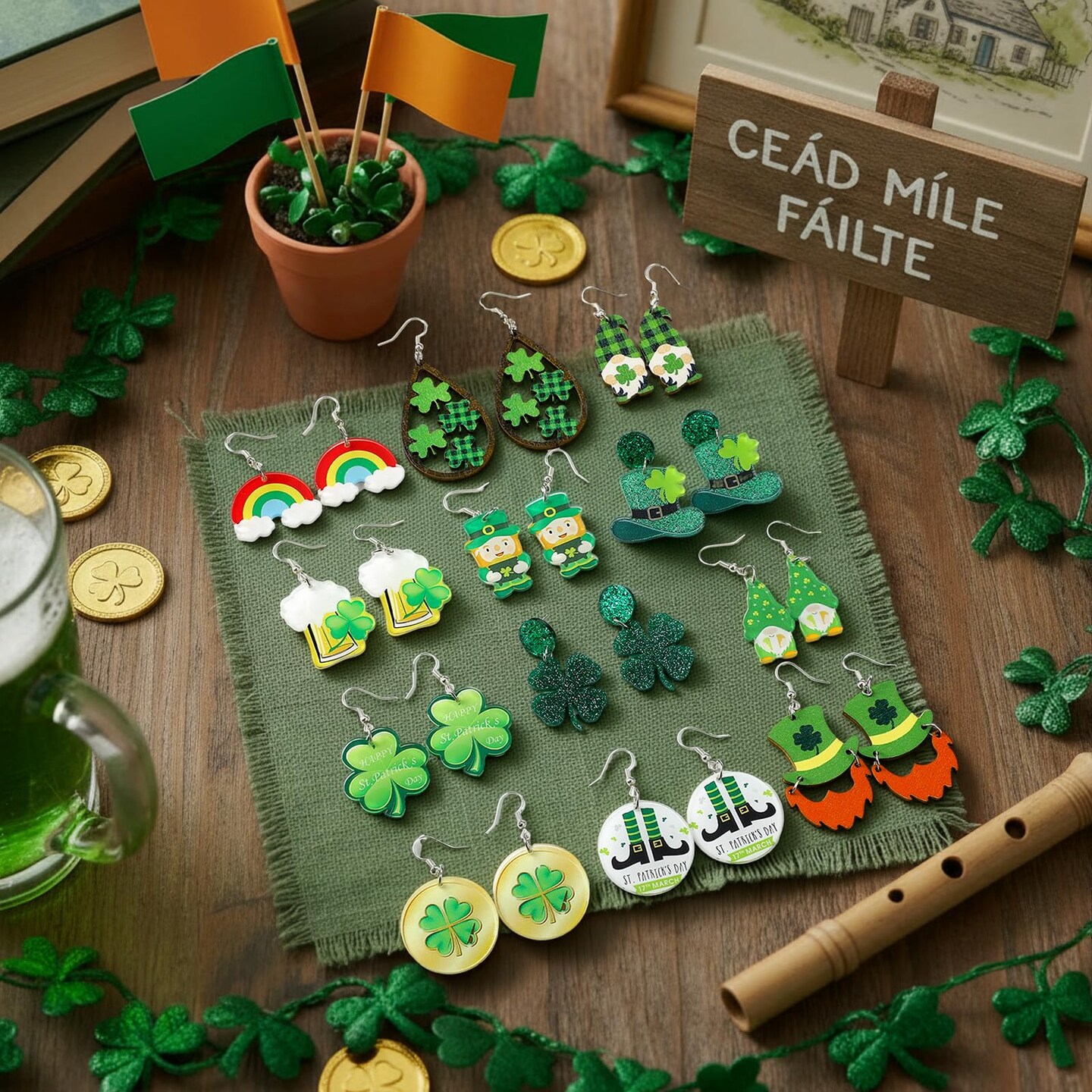 36 Pairs Wooden St. Patrick's Day Earrings Irish Shamrock Green Dangle Earrings Accessories for Women Saint Patrick Jewelry Gifts