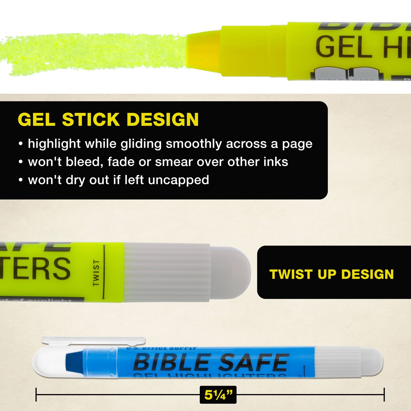 U.S. Office Supply Bible Safe Highlighter Set of 16, 2 Sets of 8 Bright Flouresent Colors, Dry Bible Highlighters No Bleed, Fade or Smear, Safe Gel Markers, Accessories, Study Guide