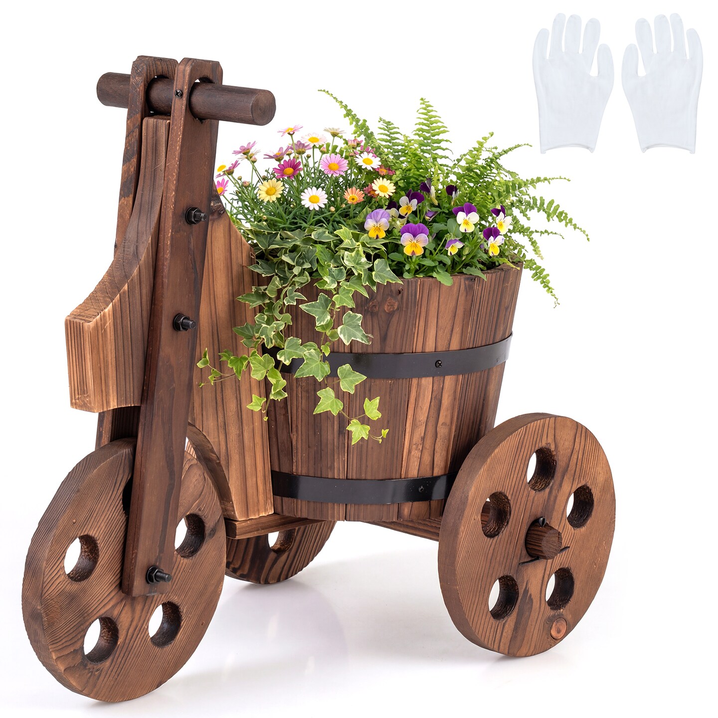 Outdoor 2-Tier Rustic Wood Wagon Planter with Semi-Wheels and Drainage