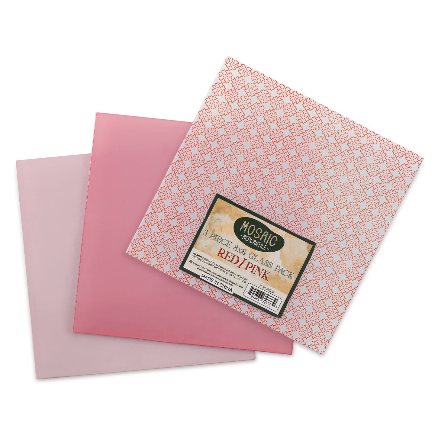 Mosaic Mercantile Opalescent Glass Pack - Red and Pink, 8" x 8", Pkg of 3