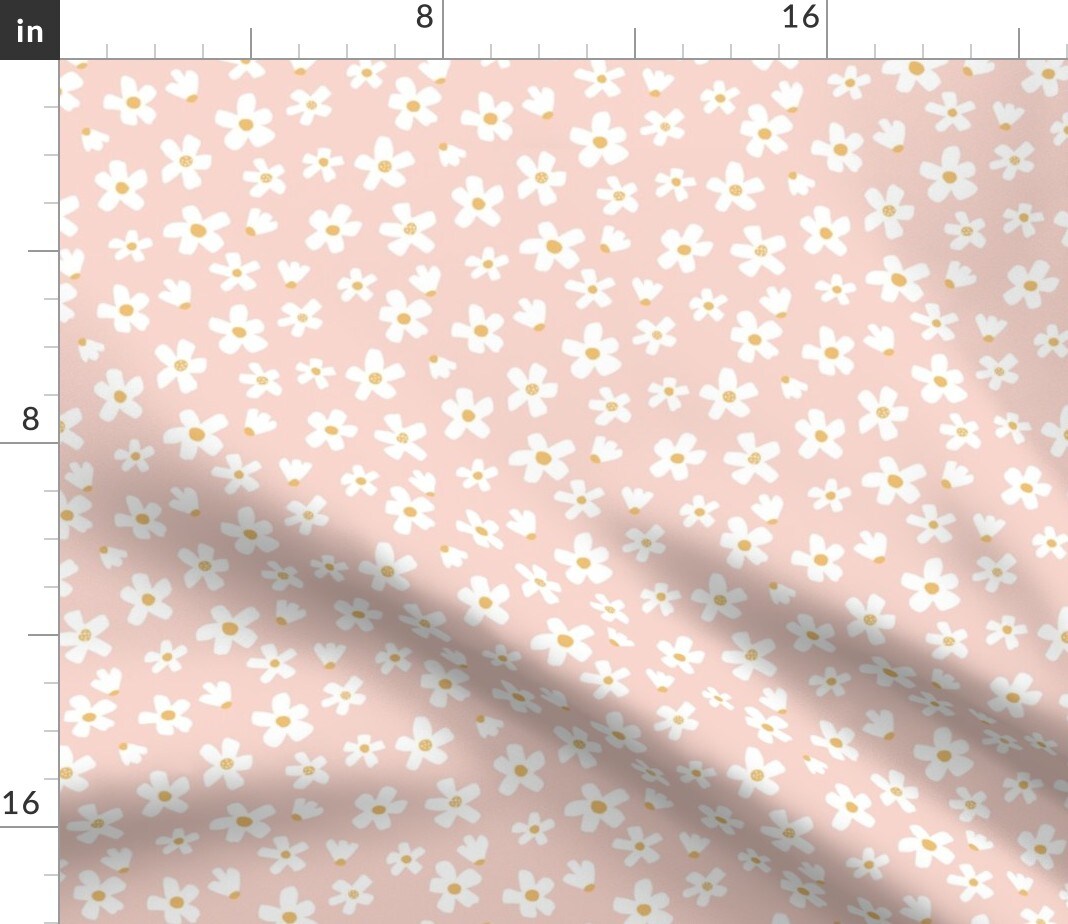 Small Daisy Garden Pink White Mustard Yellow Flowers Floral Girls Golden Custom Printed Fabric by Spoonflower Various Fabrics by the Yard or Fat Quarter