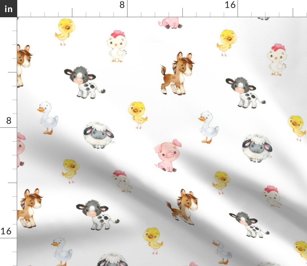 Watercolor Baby Animals Horse Sheep Pig Cow Nursery Farm Neutral Chicken Duck Custom Printed Fabric by Spoonflower Various Fabrics by the Yard or Fat Quarter