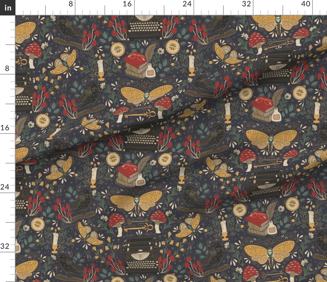 Dark Academia Moth Raven mushrooms Feather Candle Moody Typewriter Goth Gothcore Red Yellow Black Teal Navy Custom Printed Fabric by Spoonflower Various Fabrics by the Yard or Fat Quarter