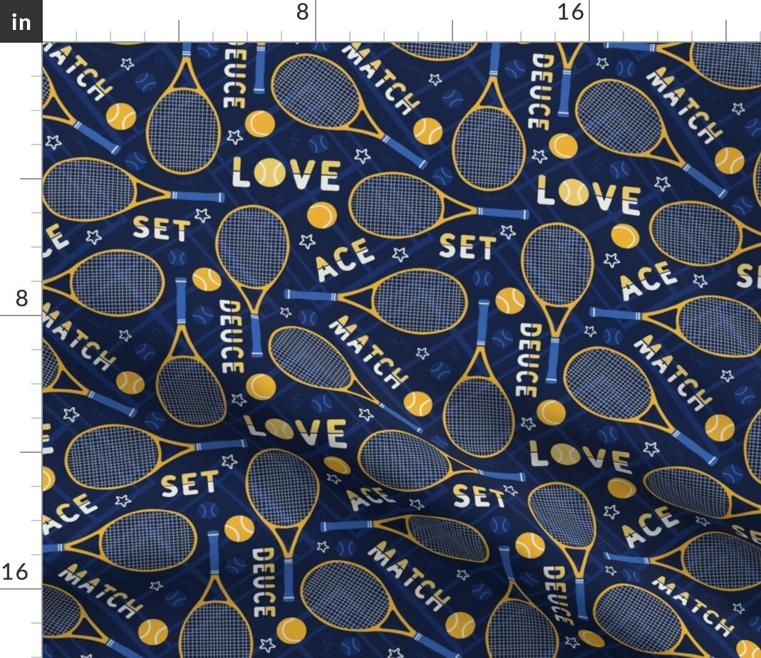 Blue Tennis Terms Court Sport Exercise Athlete Whimsical Fun Country Club Yellow Custom Printed Fabric by Spoonflower Various Fabrics by the Yard or Fat Quarter