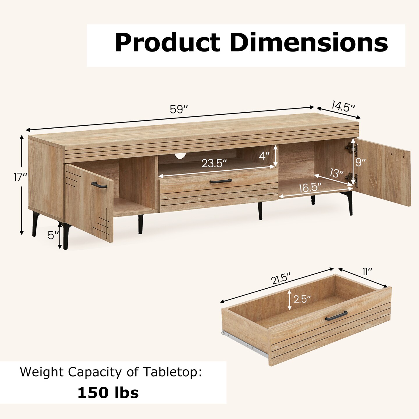 Oak Wood Grain TV Stand with Metal Legs and Cable Management Non-Slip Feet Spacious Media Storage