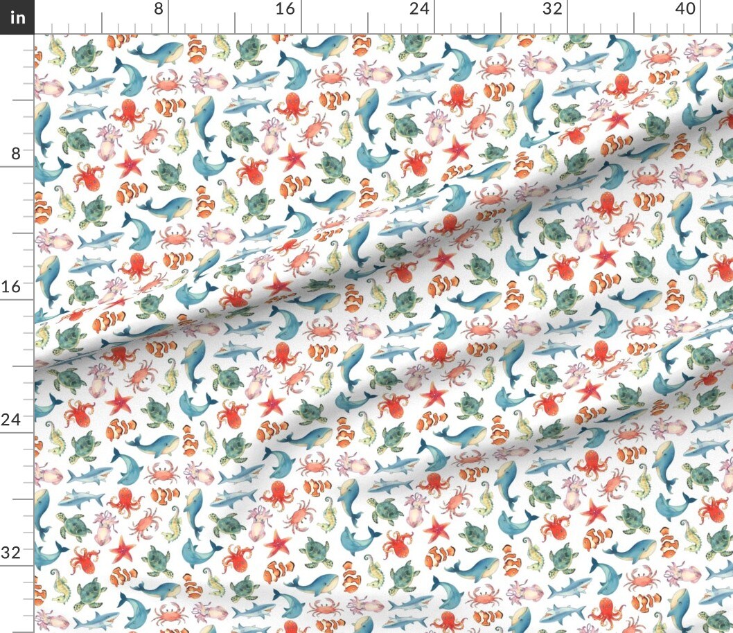 Sea Animal Animals Ocean Creatures Dolphin Whale Clown Fish Turtle Whales Octopus Watercolor Custom Printed Fabric by Spoonflower Various Fabrics by the Yard or Fat Quarter