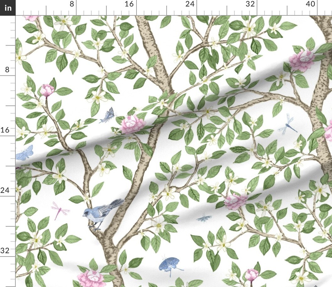 Peony Chinoiserie Elegant Songbird Garden Watercolor Classic Traditional Grandmillennial Large Scale Custom Printed Fabric by Spoonflower Various Fabrics by the Yard or Fat Quarter