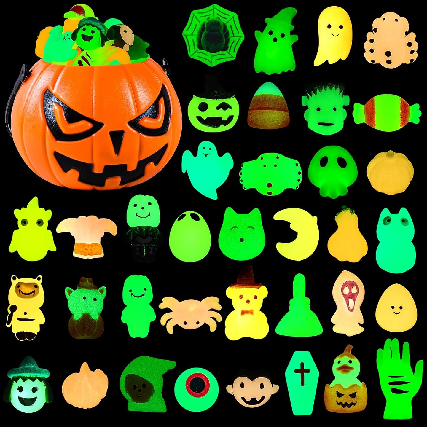 36 PCS Halloween Mochi Squishy Toys with Pumpkin Bucket